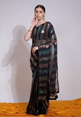 Black Embellished Blended Saree Set