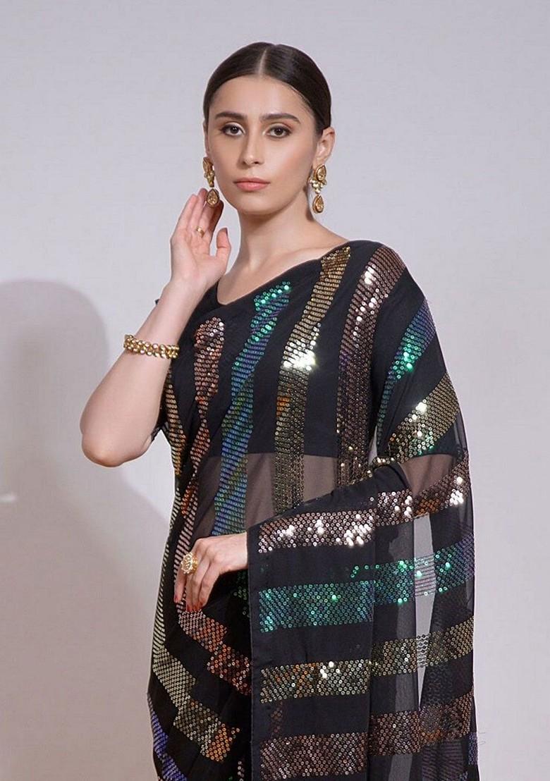 Black Embellished Blended Saree Set - Indya