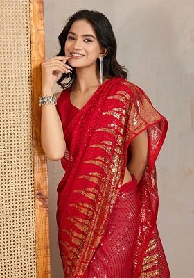 Red Sequin Embellished Blended Saree Set