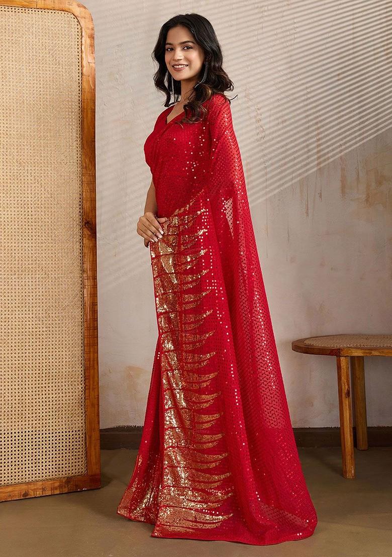 Red Sequin Embellished Blended Saree Set