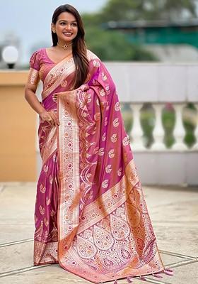 Pink Jacquard Blended Saree Set