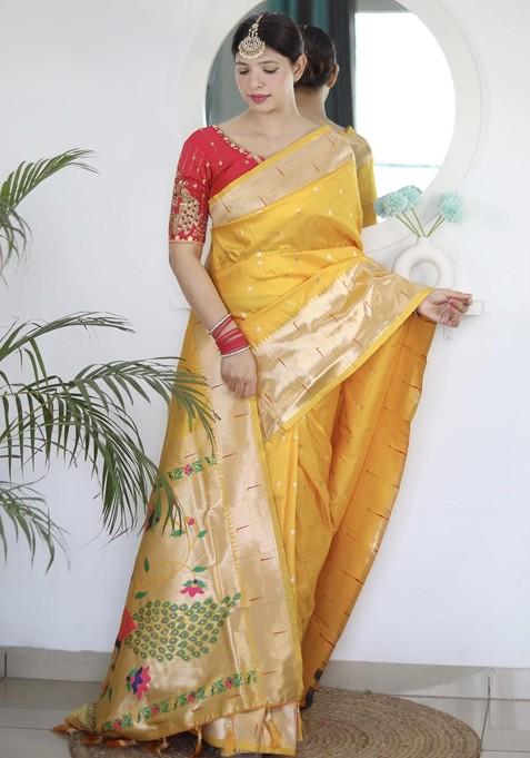 Yellow Embroidered Blended Saree Set