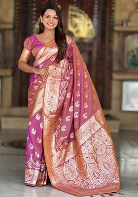 Pink Jacquard Blended Saree Set