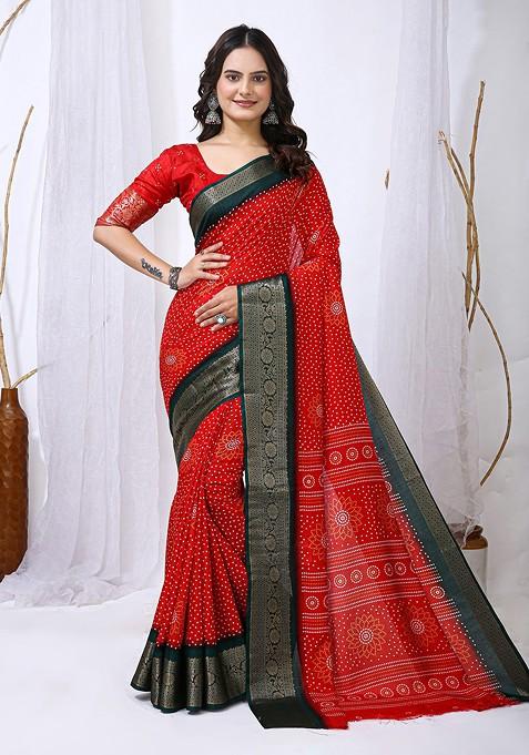 Red Printed Blended Saree Set — view on Indya
