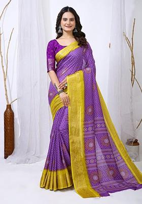 Purple Printed Blended Saree Set