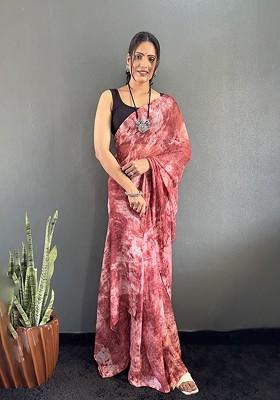 Peach Printed Blended Saree Set