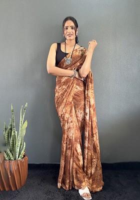 Brown Printed Blended Saree Set