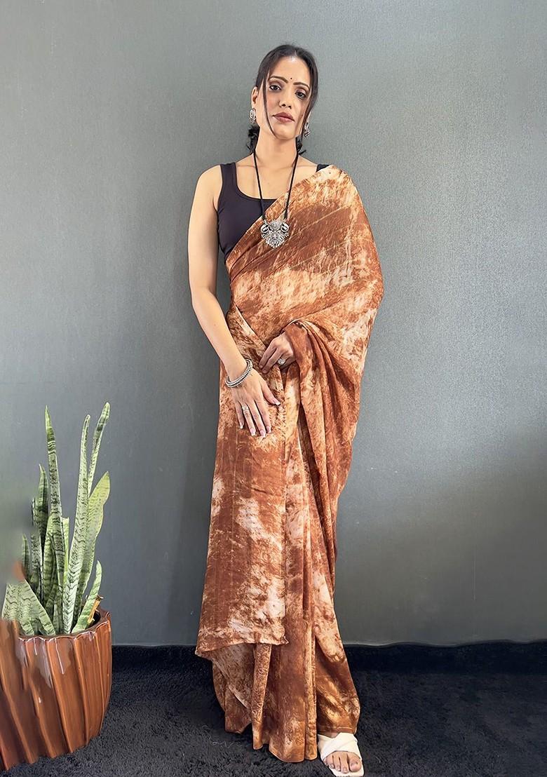 Brown Printed Blended Saree Set - Indya