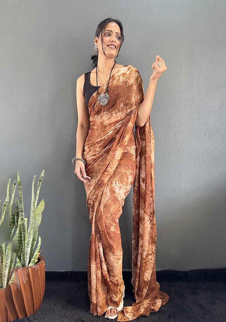Brown Printed Blended Saree Set - Indya