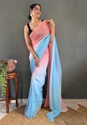 Peach Embroidered Blended Saree Set