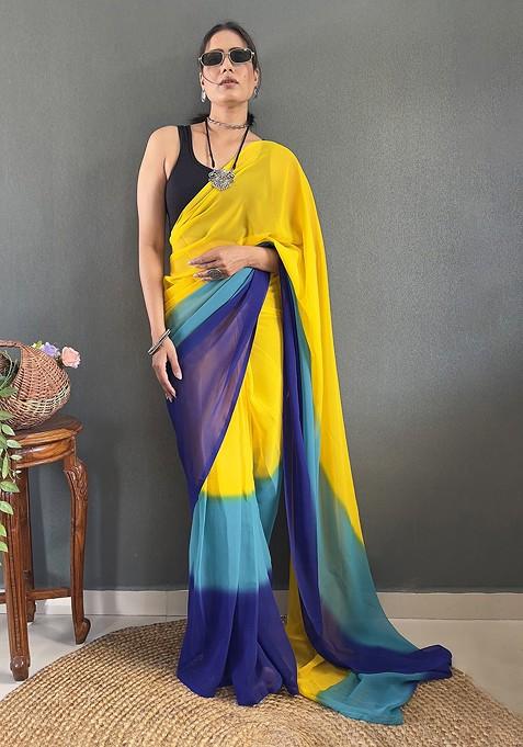 Yellow Embroidered Blended Saree Set