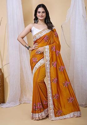 Orange Embroidered Blended Saree Set