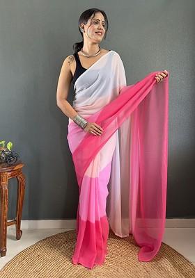 White Embroidered Blended Saree Set