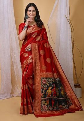 Red Embroidered Blended Saree Set
