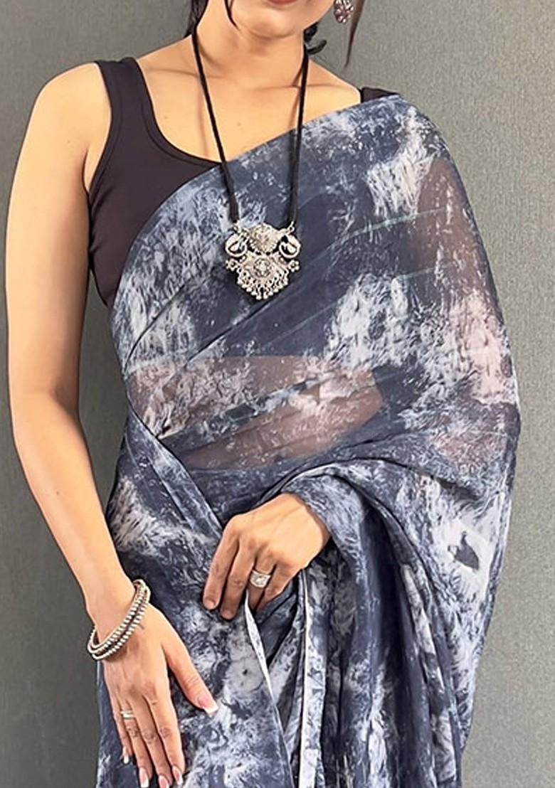 Grey Printed Blended Saree Set - Indya