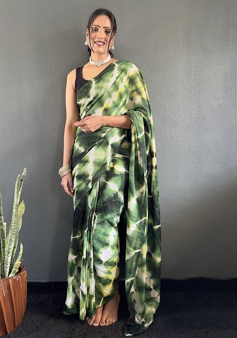 Green Embroidered Blended Saree Set