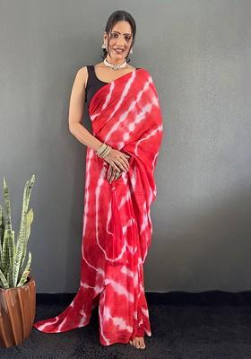 Red Embroidered Blended Saree Set