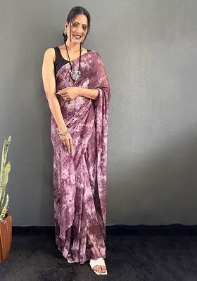 Purple Printed Blended Saree Set