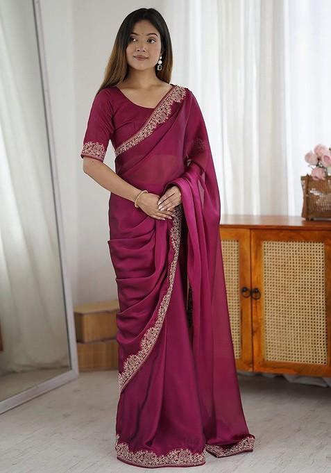Pink Embroidered Blended Saree Set
