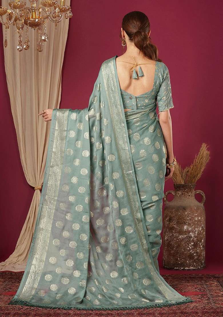 Sea Green Printed Blended Saree Set - Indya