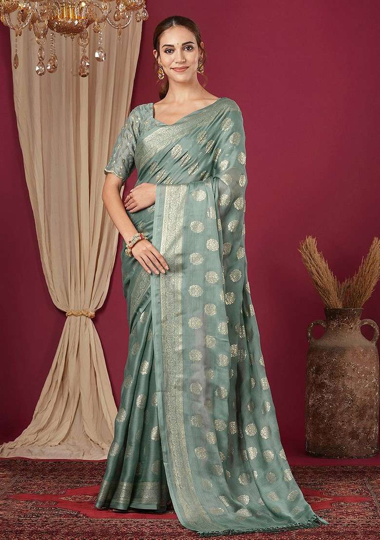 Sea Green Printed Blended Saree Set - Indya
