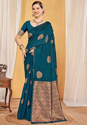 Teal Embroidered Blended Saree Set