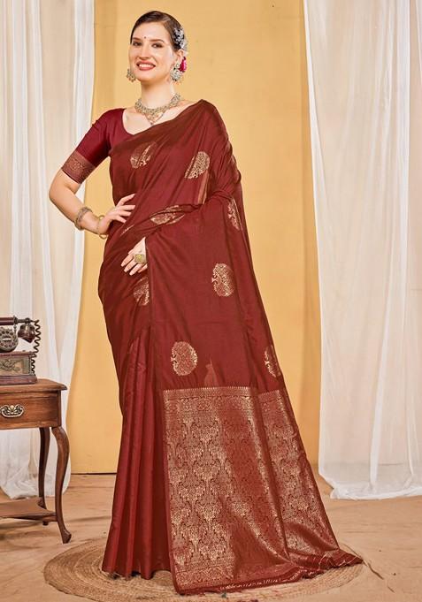 Maroon Embroidered Blended Saree Set