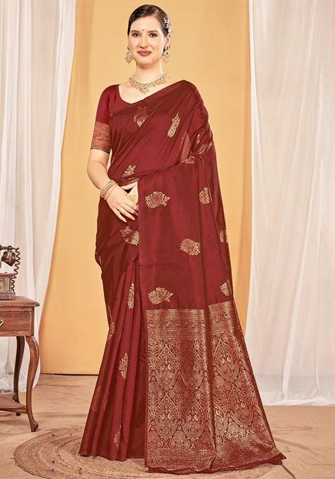 Maroon Embroidered Blended Saree Set