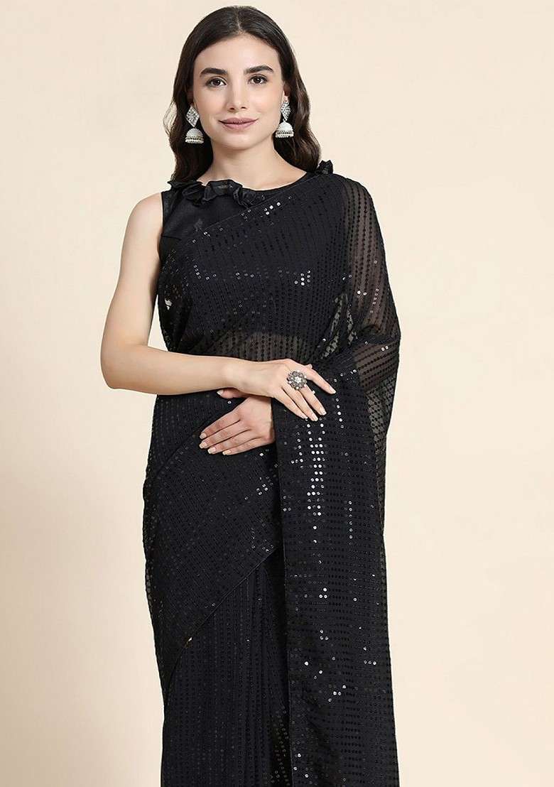 Black Embellished Blended Saree Set for Diwali | Wedding & Festive Wear - Indya