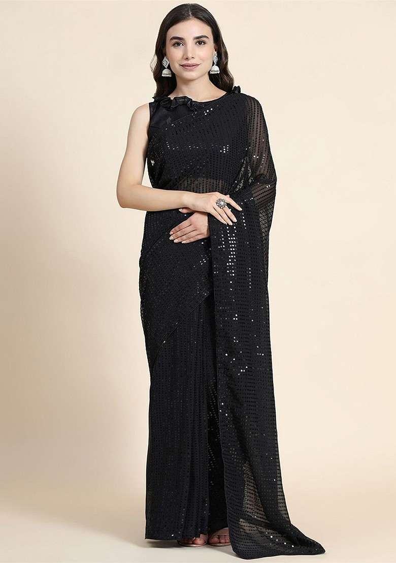 Black Embellished Blended Saree Set for Diwali | Wedding & Festive Wear - Indya