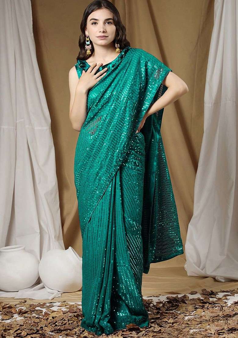 Turquoise Blue Blended Saree Set with Embroidered for Diwali | Wedding & Festive Wear - Indya