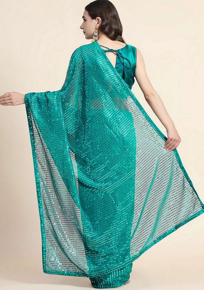 Turquoise Blue Blended Saree Set with Embroidered for Diwali | Wedding & Festive Wear - Indya