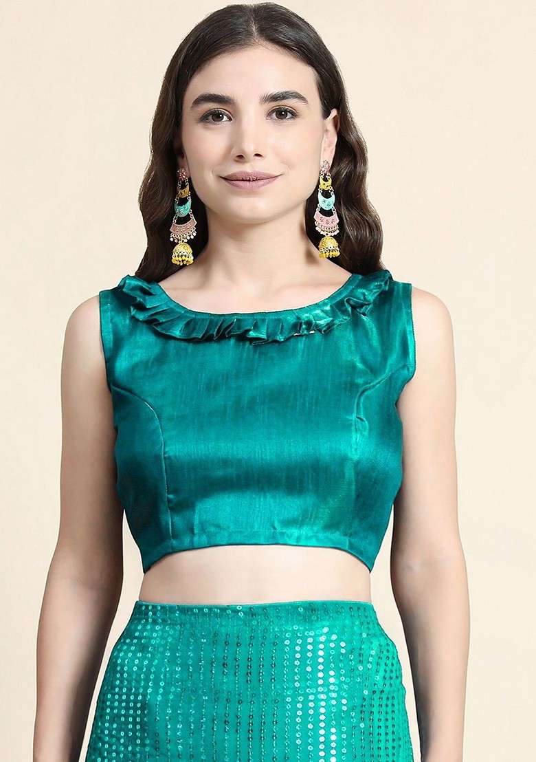 Turquoise Blue Blended Saree Set with Embroidered for Diwali | Wedding & Festive Wear - Indya