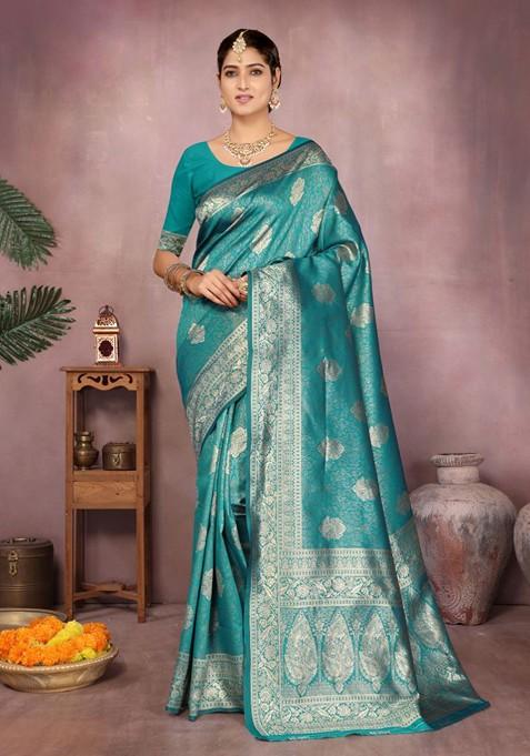 Turquoise Blue Embroidered Blended Saree Set