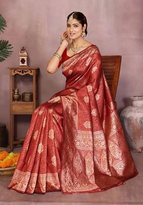 Maroon Embroidered Blended Saree Set