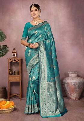 Sea Green Embroidered Blended Saree Set