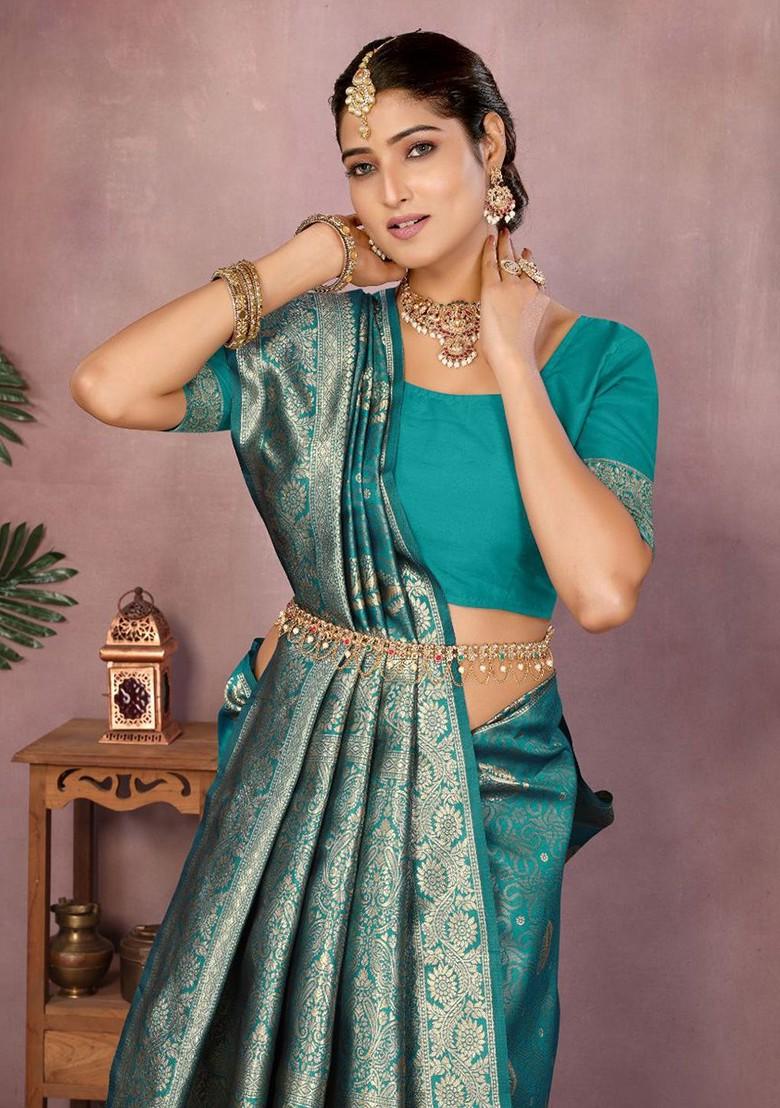 Sea Green Embroidered Blended Saree Set