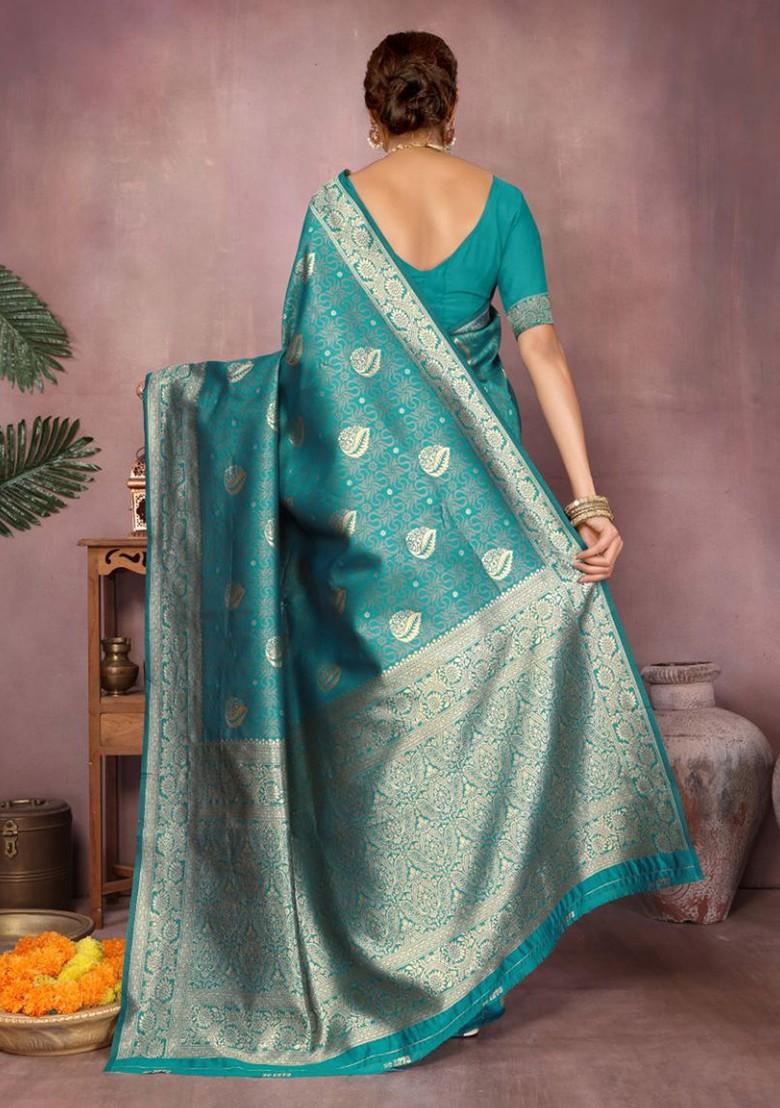Sea Green Embroidered Blended Saree Set