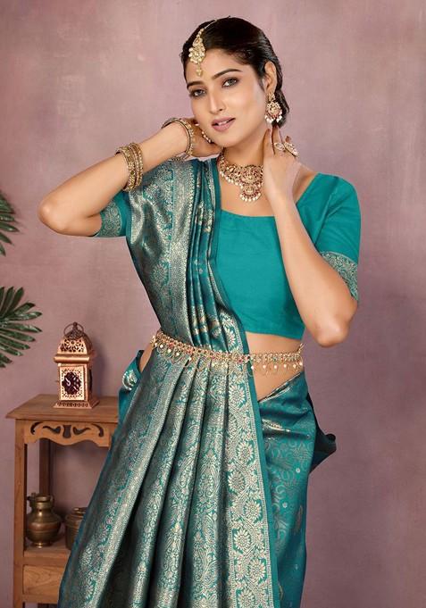 Sea Green Embroidered Blended Saree Set