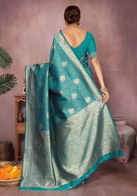 Sea Green Embroidered Blended Saree Set