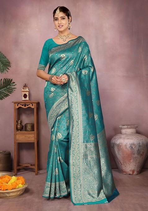 Sea Green Embroidered Blended Saree Set