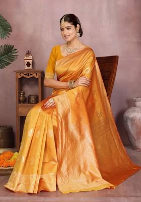 Mustard Embroidered Blended Saree Set