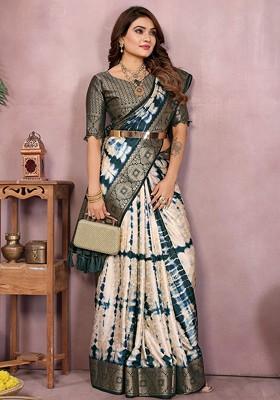 Sea Green Printed Blended Saree Set