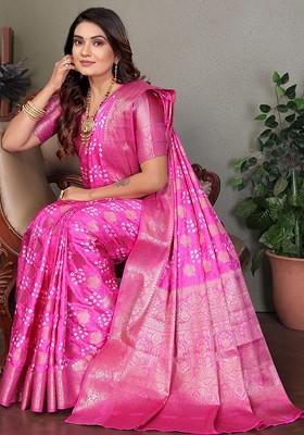 Pink Printed Blended Saree Set