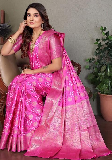 Pink Printed Blended Saree Set