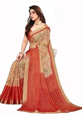 Red Printed Blended Saree Set