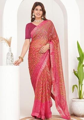 Pink Printed Blended Saree Set