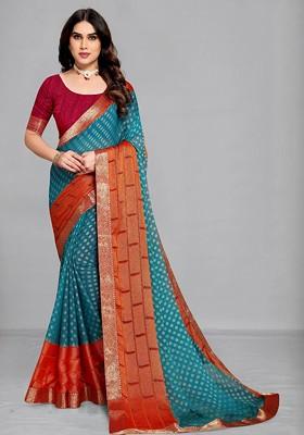 Turquoise Blue Embroidered Blended Saree Set