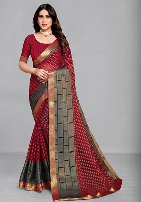 Maroon Embroidered Blended Saree Set