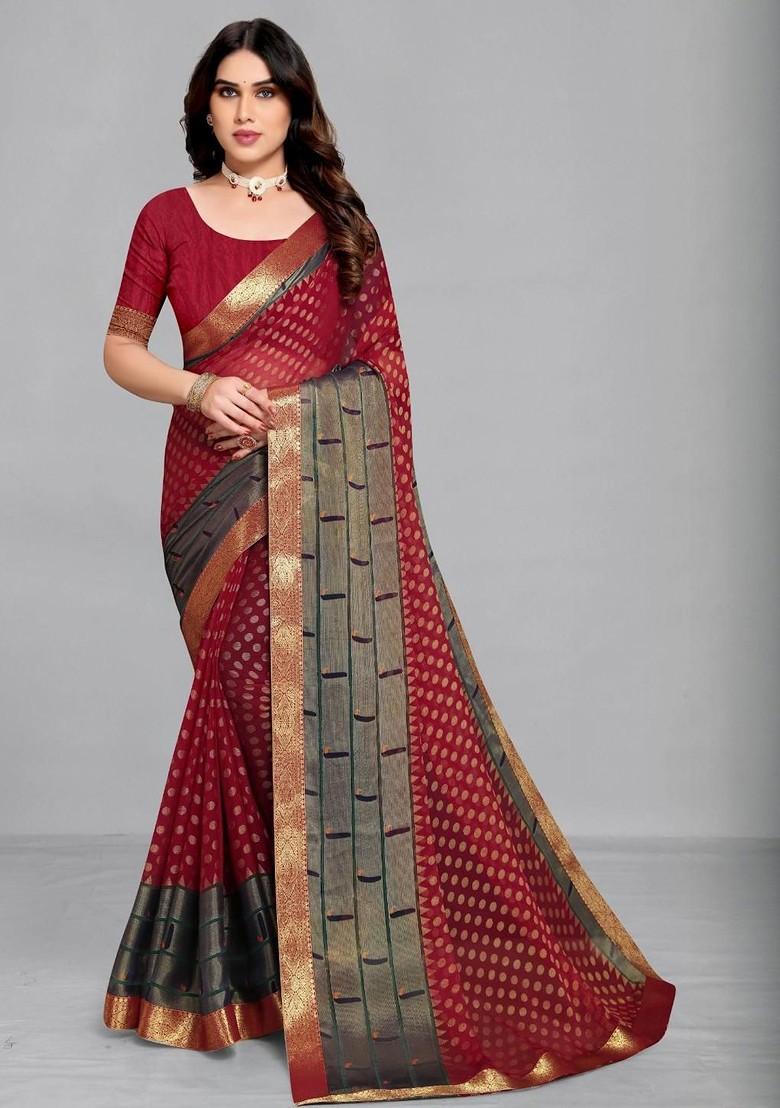 Maroon Embroidered Blended Saree Set - Indya